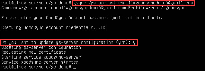 Demonstrating how to enroll a Linux computer in a GoodSync Account