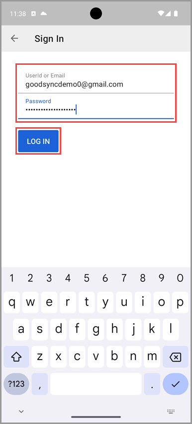 Screenshot showing how to log into a GoodSync Account in the GoodSync for Android app