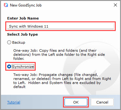 Showing how to set the job name and job type for a new GoodSync job