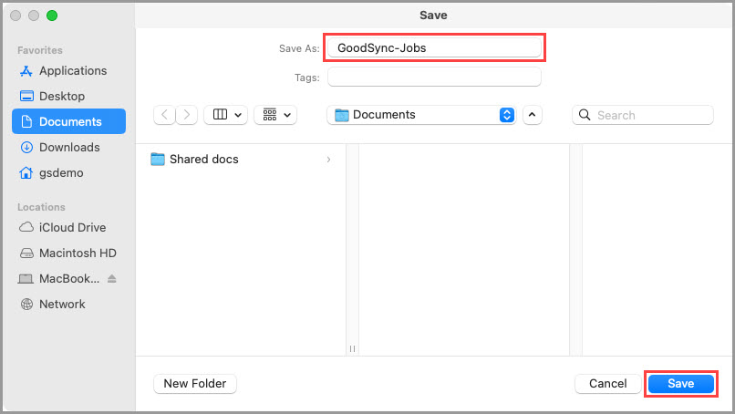 Screenshot showing how to enter the file name and select a location for saving the exported jobs in GoodSync for Mac