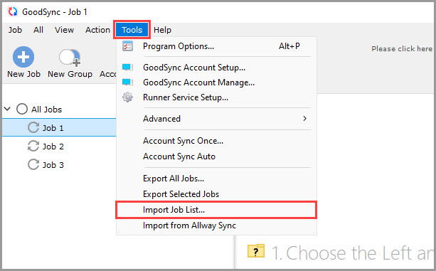 Screenshot showing how to access the 'Import Job List' feature in GoodSync for Windows