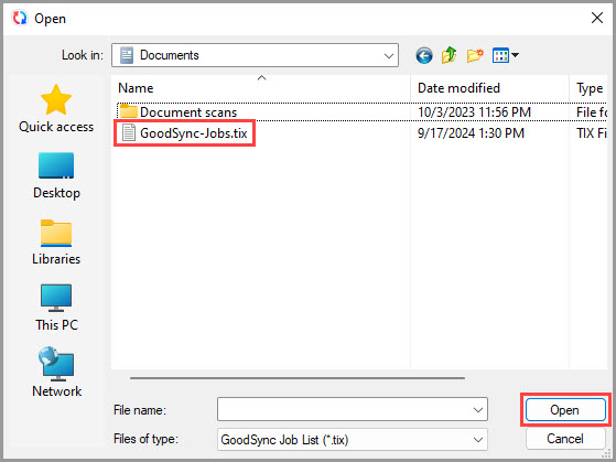 Screenshot demonstrating how to locate and open the saved jobs file in GoodSync for Windows using the Open dialog