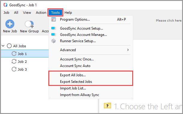 Screenshot showing how to access the 'Export Selected Jobs' and 'Export All Jobs' features in GoodSync for Windows