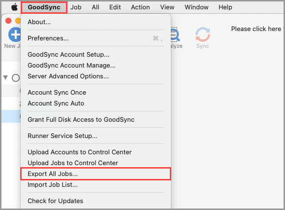 Screenshot demonstrating how to access the 'Export All Jobs' feature in GoodSync for Mac