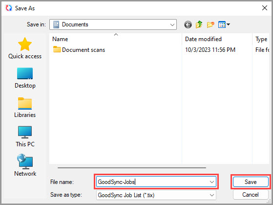 Screenshot demonstrating how to enter the file name and select a location for saving the exported jobs in GoodSync for Windows