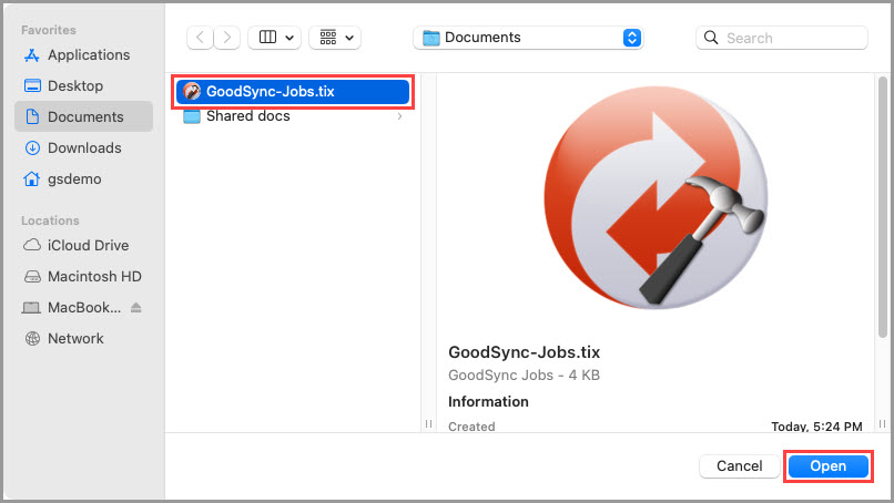 Screenshot illustrating how to locate and open the saved jobs file in GoodSync for Mac using the Open dialog