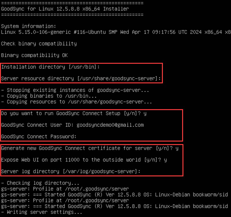 Screenshot showing the installation process of GoodSync for Linux