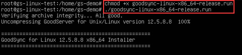 Screenshot illustrating how to run the installer of GoodSync for Linux