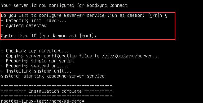 Screenshot demonstrating how to configure GoodSync Server during installation on Linux