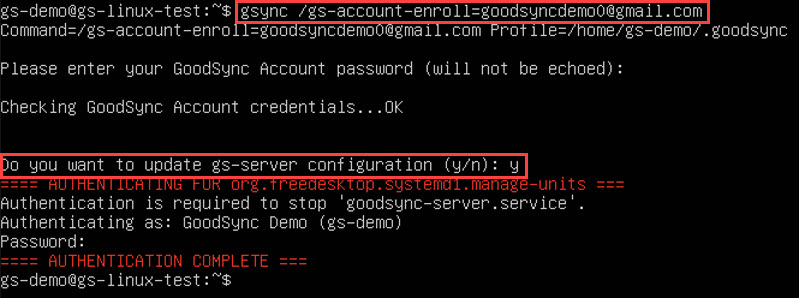 Demonstrating how to enroll a Linux device in the GoodSync Account