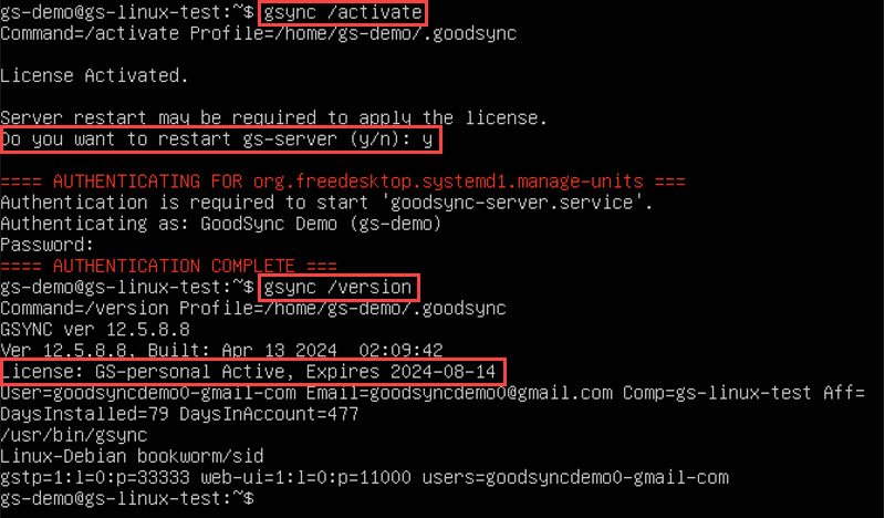 Screenshot showing the process of license activation and confirmation in GoodSync for Linux
