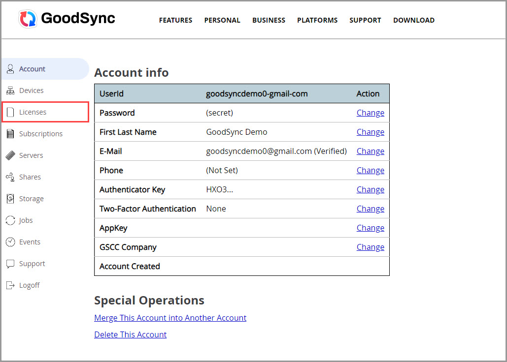 Showing how to access the 'Licenses' section in GoodSync Account online.