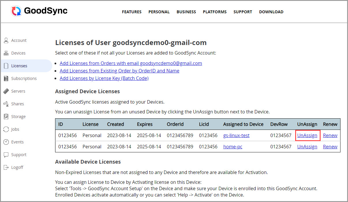 Screenshot showing how to unassign a license for a device in the GoodSync Account online interface
