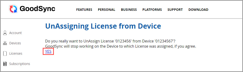 Screenshot displaying the confirmation process for unassigning a license from a device in GoodSync Account online