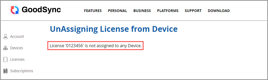 Message confirming that a license has been successfully unassigned from a device in GoodSync Account online