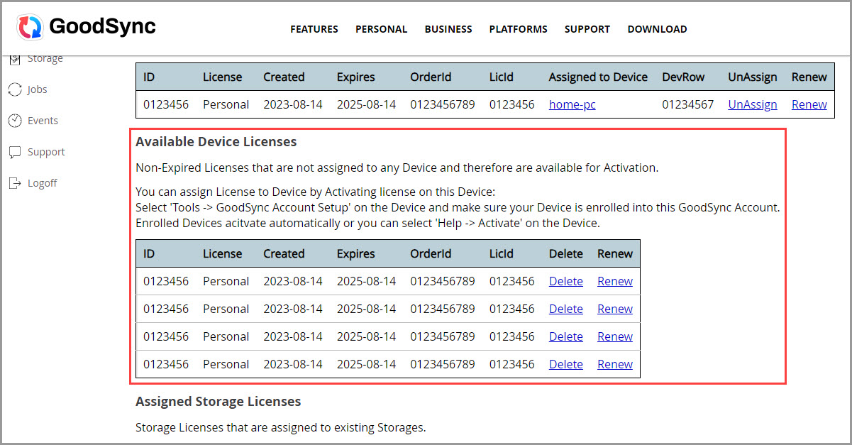 Screenshot highlighting the 'Available Device Licenses' section in the GoodSync Account online interface