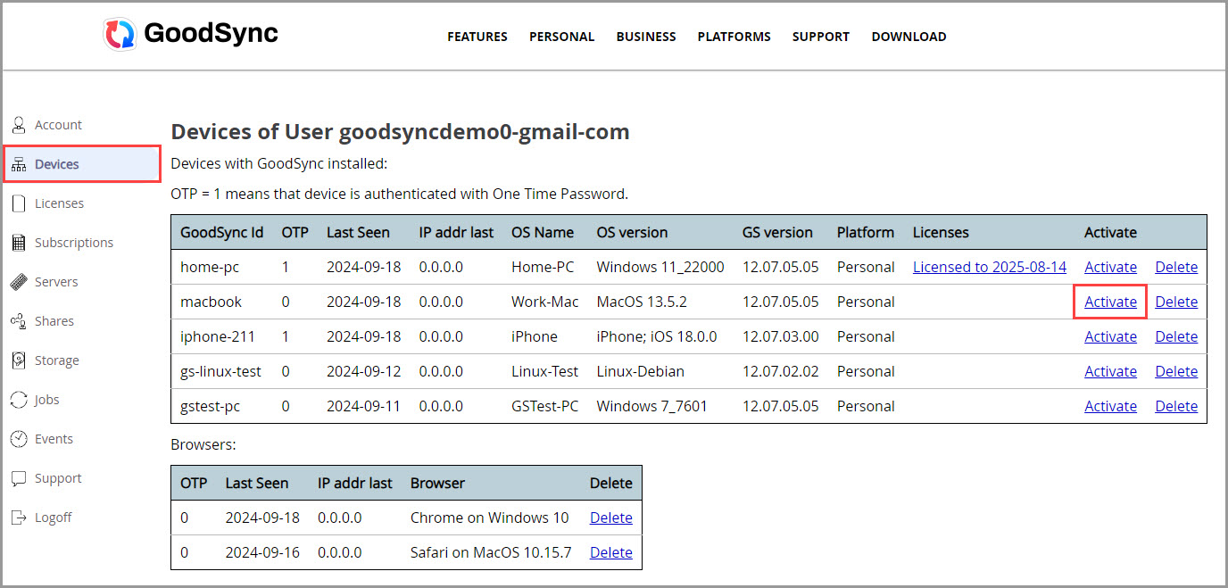 Screenshot illustrating the process of assigning a license to a device within the GoodSync Account online interface