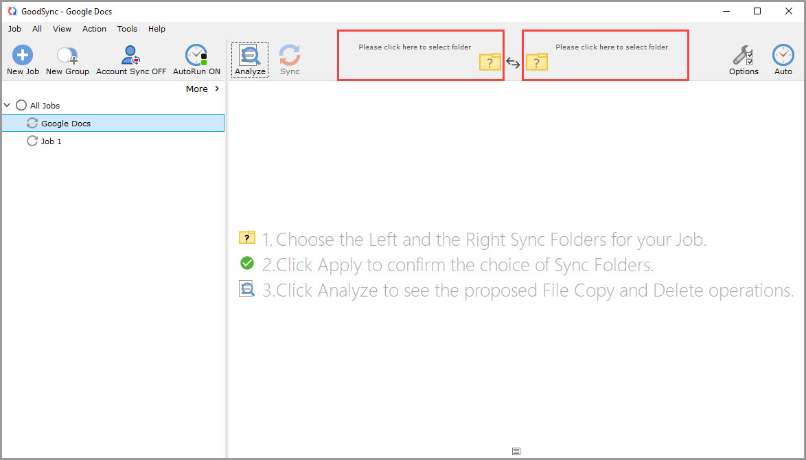 Screenshot of the GoodSync window illustrating how to enter browse mode for sync folder selection