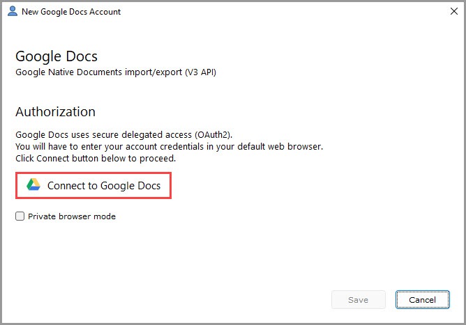 Screenshot showing how to start the process of adding a new Google Docs account in GoodSync