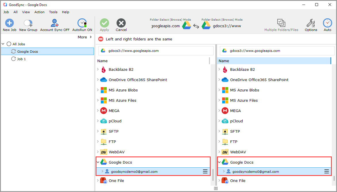 Screenshot displaying the contents of the Google Docs account in GoodSync