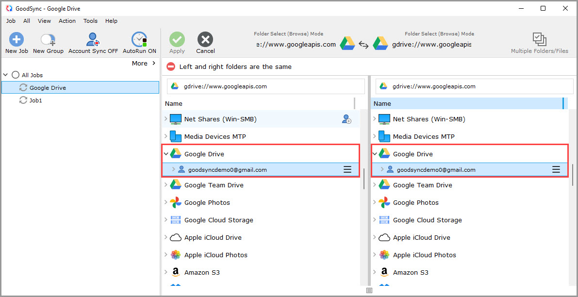 Screenshot displaying the contents of the Google Drive account in GoodSync