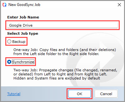 Demonstrating how to set the job name and job type for a new GoodSync job