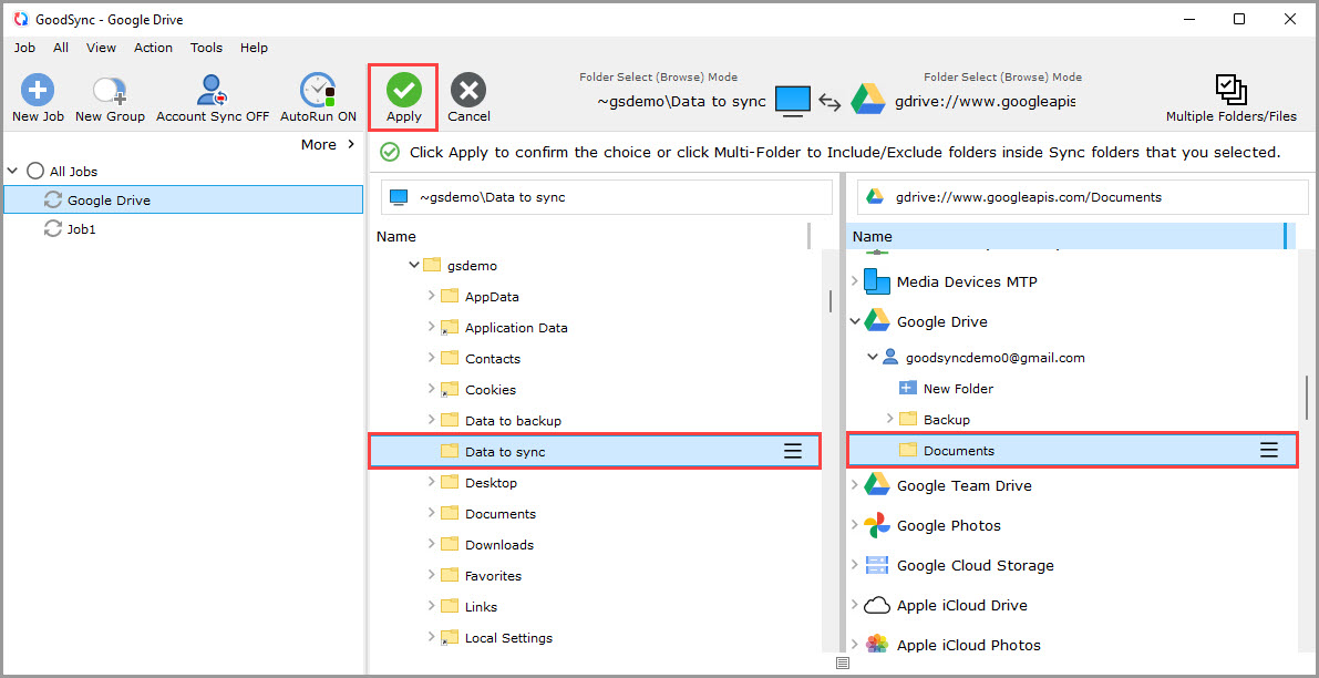 Showing how to select the left and right sync folders in a GoodSync job using the Google Drive file system