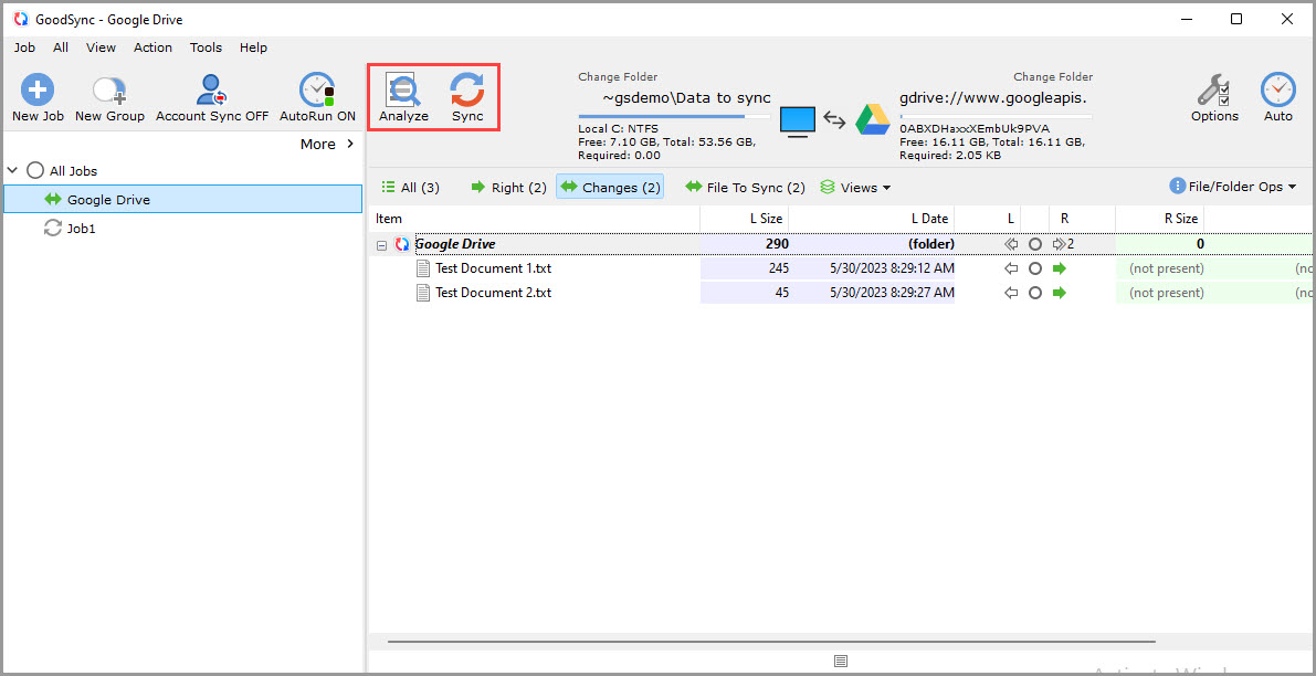 Screenshot demonstrating that a new GoodSync job with Google Drive is ready to Analyze and Sync