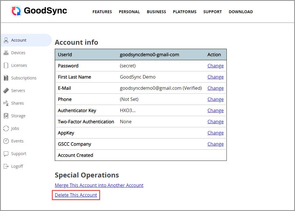 Screenshot demonstrating how to access the 'Delete This Account' link in the GoodSync Account online