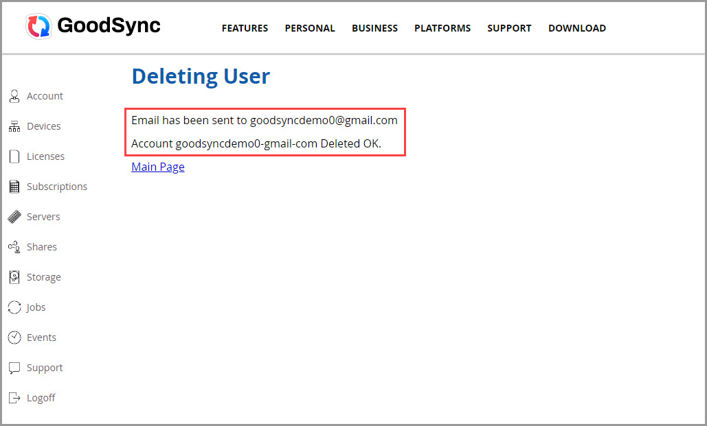 Screenshot displaying a confirmation message about successfull deletion of a GoodSync Account