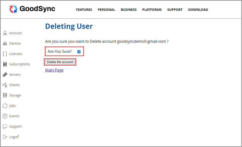 Screenshot showing how to confirm deletion of a GoodSync Account