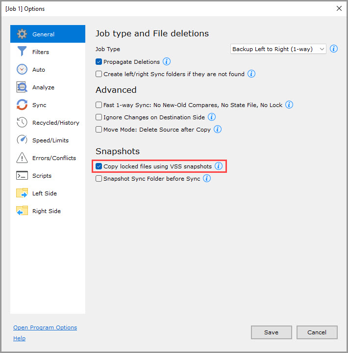 Screenshot highlighting the 'Copy locked files using VSS snapshots' setting in the 'General' section of the Job Options