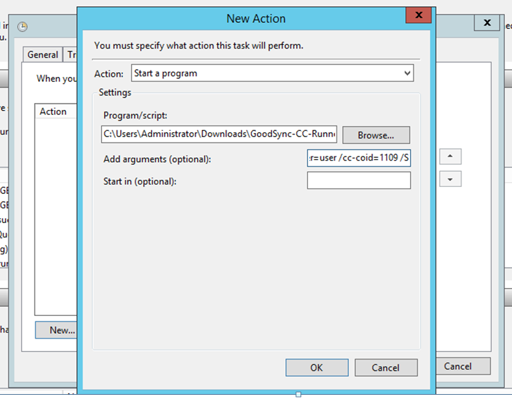Screenshot demonstrating how to set up a new task in Windows Task Scheduler to initiate a Job Runner