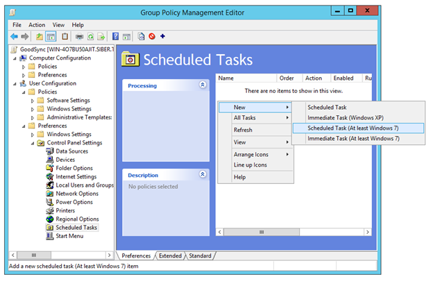 Screenshot showing the process of creating a scheduled task for the deployment of GoodSync Control Center Runner