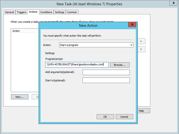 Screenshot displaying how to configure the Actions for the GoodSync Control Center Runner deployment task