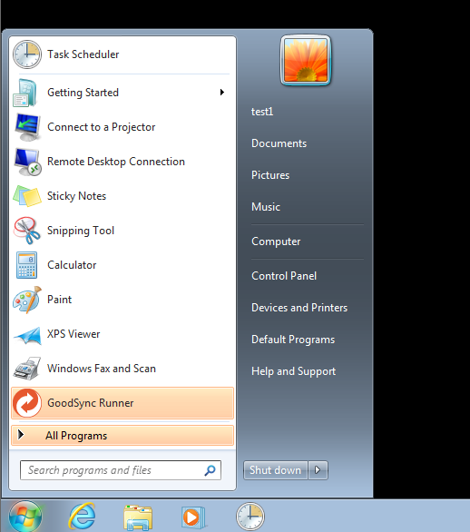 Screenshot showing the Windows Start menu with the GoodSync Runner item displayed after successful deployment