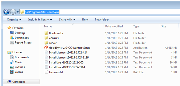 Screenshot displaying how to locate the GoodSync Control Center Runner installation logs