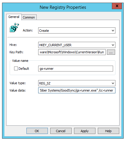 Screenshot showing how to configure the registry value for the GoodSync Control Center Runner