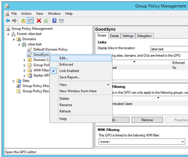 Screenshot showing how to edit the created Group Policy Object to begin configuring deployment of GoodSync Control Center Runner