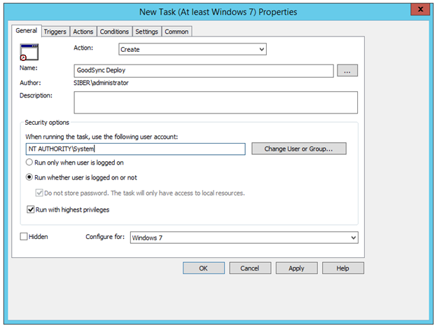 Screenshot showing how to configure the General options for the GoodSync Control Center Runner deployment task
