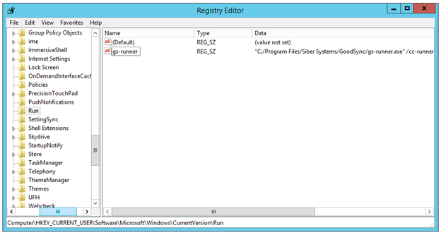 Screenshot showing how to locate the registry value for the GoodSync Control Center Runner deployment in the Windows Registry Editor