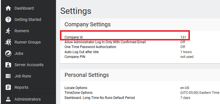 Screenshot demonstrating how to find the Company ID in the Settings section of the GoodSync Control Center