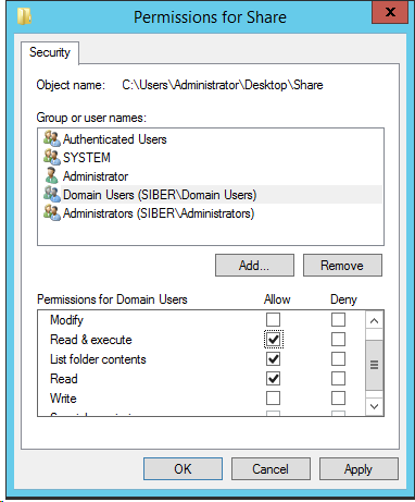 Screenshot showing how to configure the correct permissions for the network share containing the GoodSync Control Center Runner deployment script