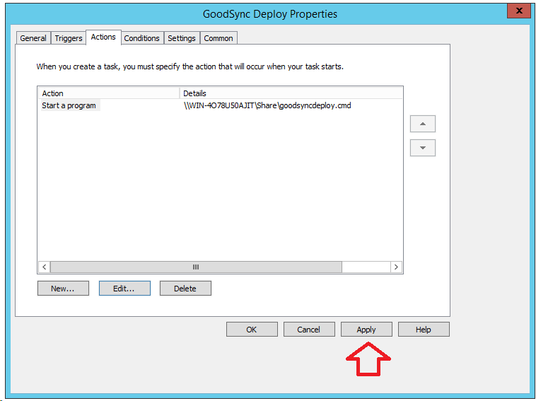 Screenshot demonstrating how to complete the creation of the GoodSync Control Center Runner deployment task