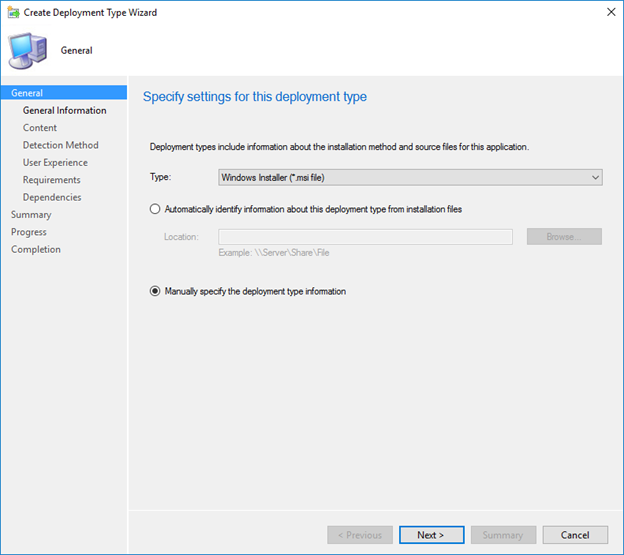 Screenshot showing the selection of 'Manually specify the deployment type information' in the Deployment Type Wizard for GoodSync Runner deployment