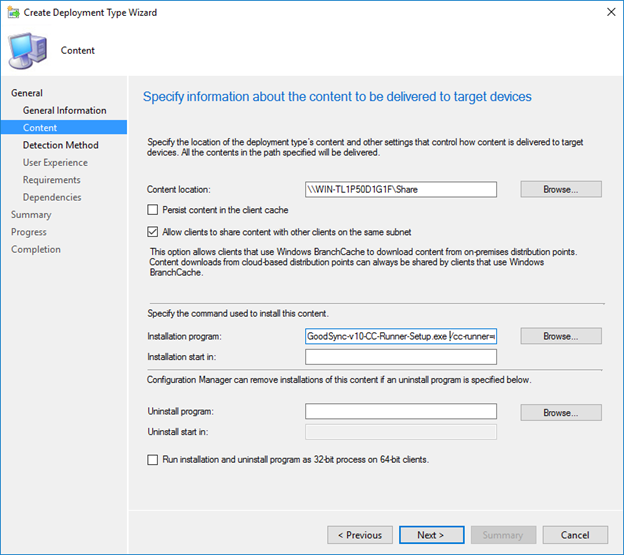 Screenshot demonstrating the selection of the Content location and Installation program in the Deployment Type Wizard for GoodSync Runner deployment