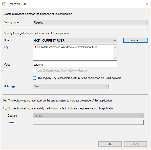 Screenshot displaying the process of creation of a Detection Rule in the Deployment Type Wizard for GoodSync Runner startup script deployment