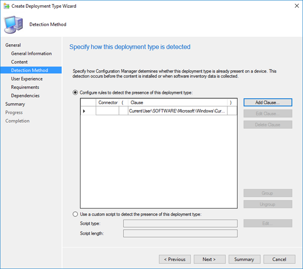 Screenshot displaying a complete Detection Rule in the Deployment Type Wizard for GoodSync Runner startup script deployment