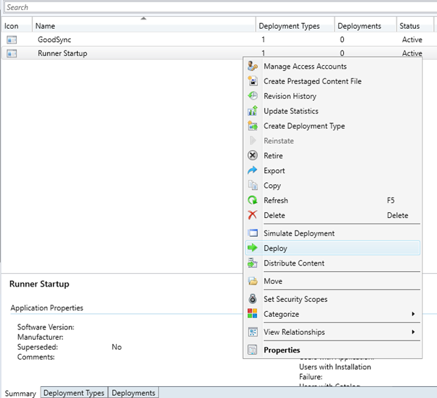 Screenshot showing the process of deploying the GoodSync Control Center Runner startup application