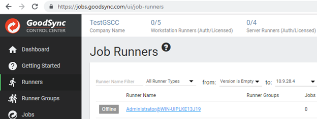 Screenshot of the GoodSync Control Center illustrating the deployed GoodSync Control Center Runner